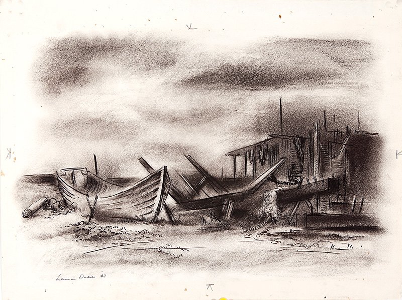 Lamar Dodd (American/Georgia, 1909-1996): Lamar Dodd (American/Georgia, 1909-1996), "Dry Dock, Monhegan Island, Maine", 1947, charcoal and ink on paper, signed and dated lower left, 14 in. x 18 1/2 in.; and "Boat Landing with Palm Trees", 194
