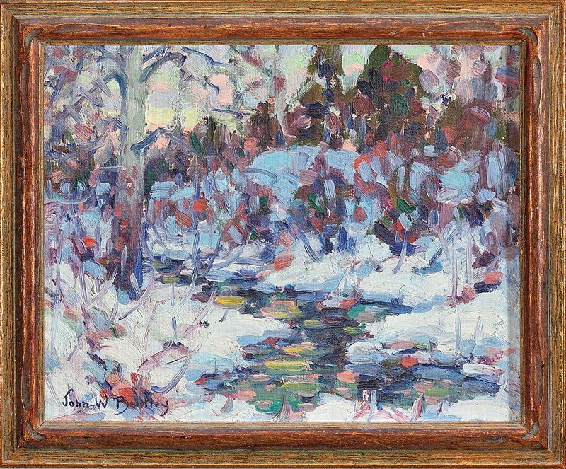 John William Bentley (American, 1880-1951): John William Bentley (American, 1880-1951), "Late Afternoon", oil on canvas board, signed lower left, signed, titled and inscribed en verso, 8 1/4 in. x 10 1/4 in., period frame