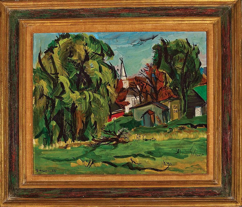 Ben Benn (Russian/American, 1884-1983): Ben Benn (Russian/American, 1884-1983), "The Villige[sic] Saddle River, [NJ]", 1955, oil on canvas, signed and dated lower left, titled and dated en verso, 20 1/8 in. x 24 1/4 in., framed