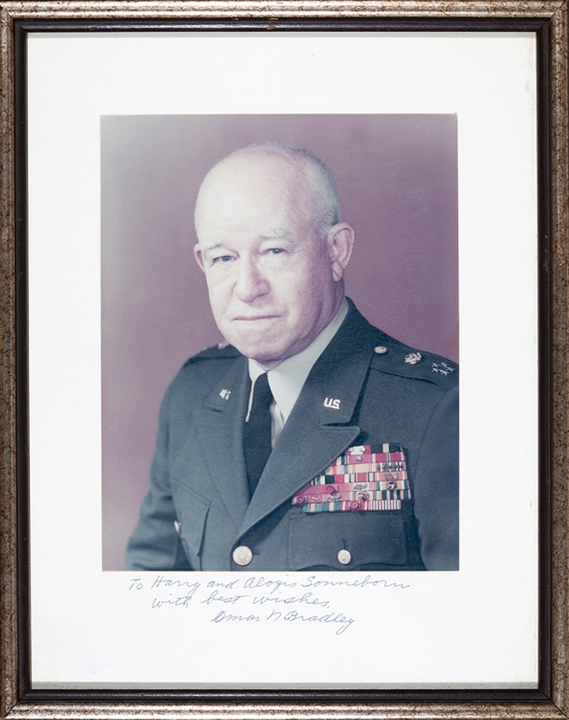 Bradley, Omar N: Bradley, Omar N., A Soldier's Story; New York, Henry Holt & Company, 1951, cloth, with signed dedication to Harry Sonneborn; together with two vintage photographs of Generals Bradley and Harold Johnso