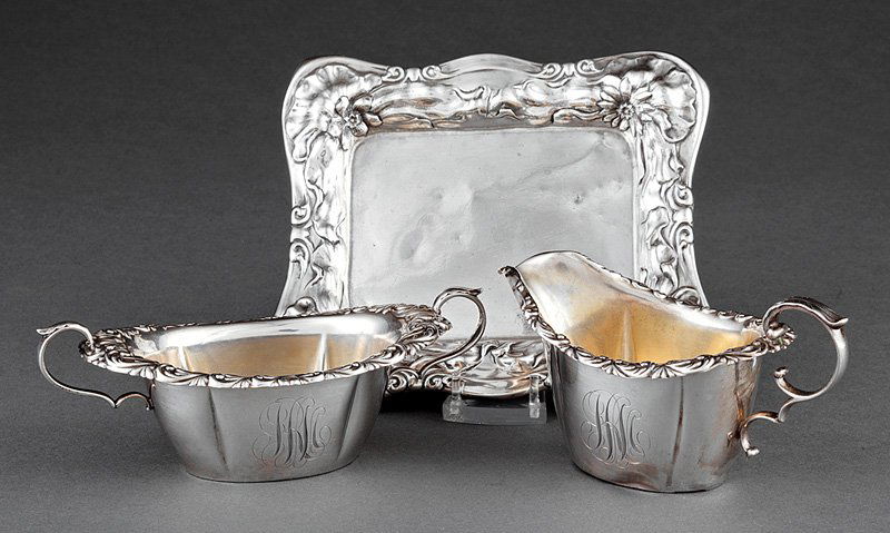 American Art Nouveau Sterling Silver Pin Tray: Good American Art Nouveau Sterling Silver Pin Tray, Gorham, early 20th c.; together with a Gorham sterling silver sugar and creamer, combined wt. 9.55 troy ozs