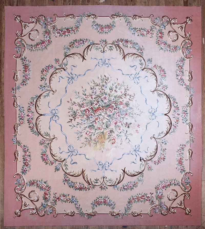 Aubusson-Style Carpet: Aubusson-Style Carpet, pink ground, polychrome floral central medallion, scrollwork and garland border, 11 ft. 8 in. x 13 ft