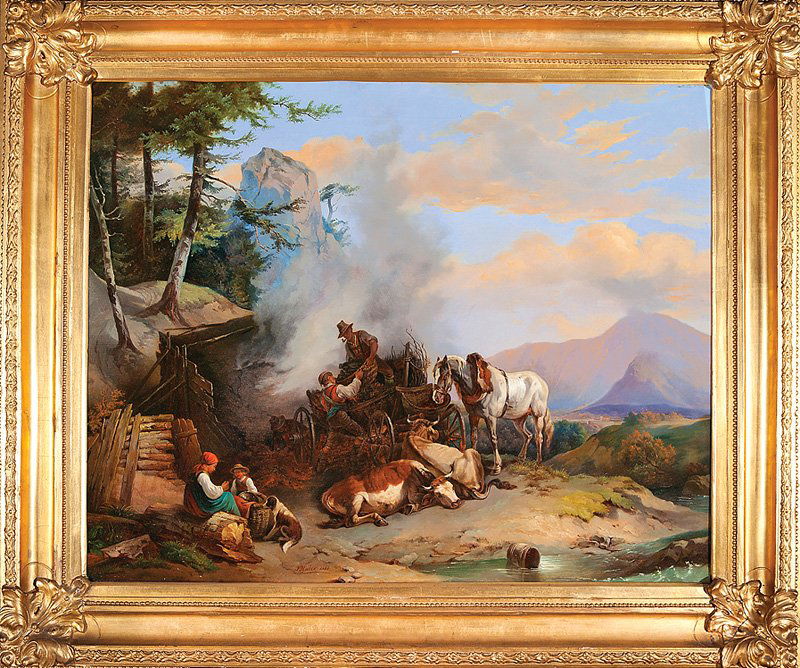Joseph Haier (German, 1816-1891): Joseph Haier (German, 1816-1891), "Loading the Timber", 1855, oil on canvas, signed and dated lower middle, 26 in. x 32 1/4 in., original gilt frame