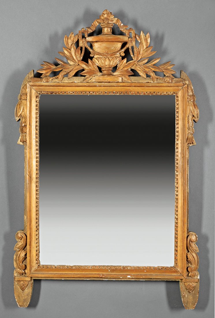Antique Louis XVI-Style Carved Giltwood Mirror: Antique Louis XVI-Style Carved Giltwood Mirror, late 19th/early 20th c., beaded frame surmounted by a swagged urn, and branches, with tasseled corners, h. 41 1/2 in., w. 25 1/2 in