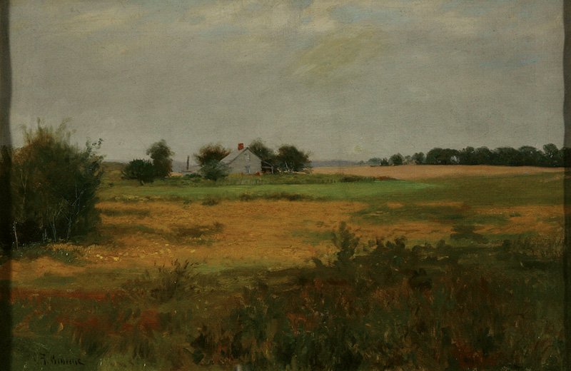 George Elmer Browne (American, 1871-1946): George Elmer Browne (American, 1871-1946), "Landscape with Farm", oil on canvas, signed lower left, "Estate of Martin Roche" label en verso, 16 1/4 in. x 24 in., framed. Provenance: Estate of Aloyis L