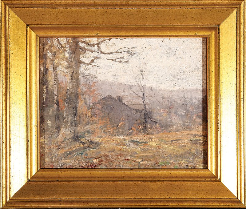 Edward Loyal Field (American, 1856-1914): Edward Loyal Field (American, 1856-1914), "Home Amid a Clearing", oil on canvas, monogrammed lower right, "ELF, Tovar Collection Inventory #207" stencil en verso, 8 in. x 10 in., framed