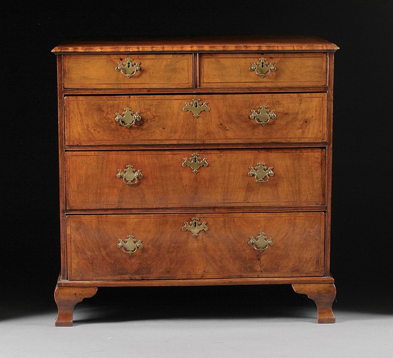 Georgian Inlaid Walnut Chest: Georgian Inlaid Walnut Chest, 18th c. and later, top with figured reserve and banding, two short over three long drawers, later ogee bracket feet, h. 38 in., w. 38 in., d. 21 in