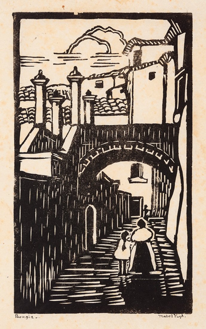 Sarah Mabel Pugh (American/North Carolina): Sarah Mabel Pugh (American/North Carolina, 1891-1986), "Perugia, Italy" and "Provincetown House", 2 woodblock prints, former signed and titled lower margin, latter pencil-signed, titled, inscribed "no