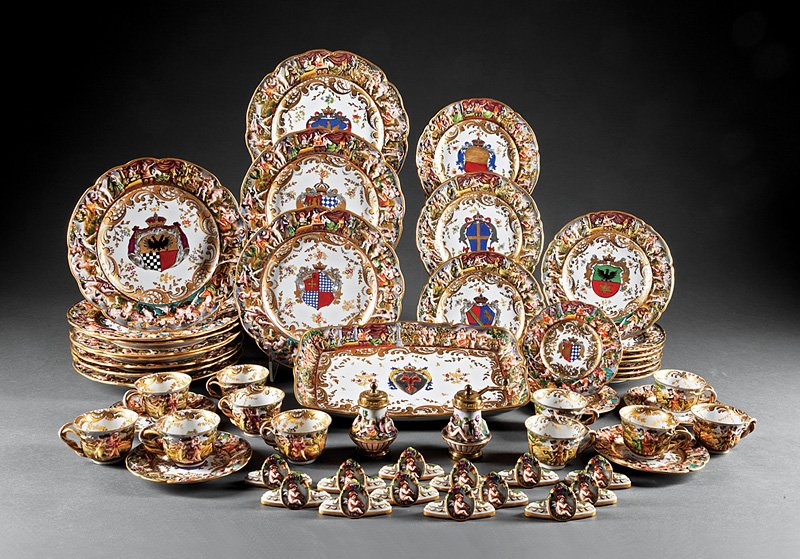 Capodimonte-Style Porcelain Dinner Service: Assembled Capodimonte-Style Porcelain Dinner Service, 20th c., crown over Neapolitan N marks, some marked "Germany", incl. 11 dinner plates, dia. 10 3/8 in.; 10 salad plates, dia. 8 1/2 in.; 11 cups;