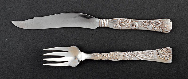 Tiffany "Vine" Sterling Silver Fish Service: Tiffany "Vine" Pattern Sterling Silver Fish Service, pattern introduced 1872, design attrib. to Edward C. Moore (1827-1891), comprised of 9 fish forks in Daisy motif and 12 fish knives in Pomegranate