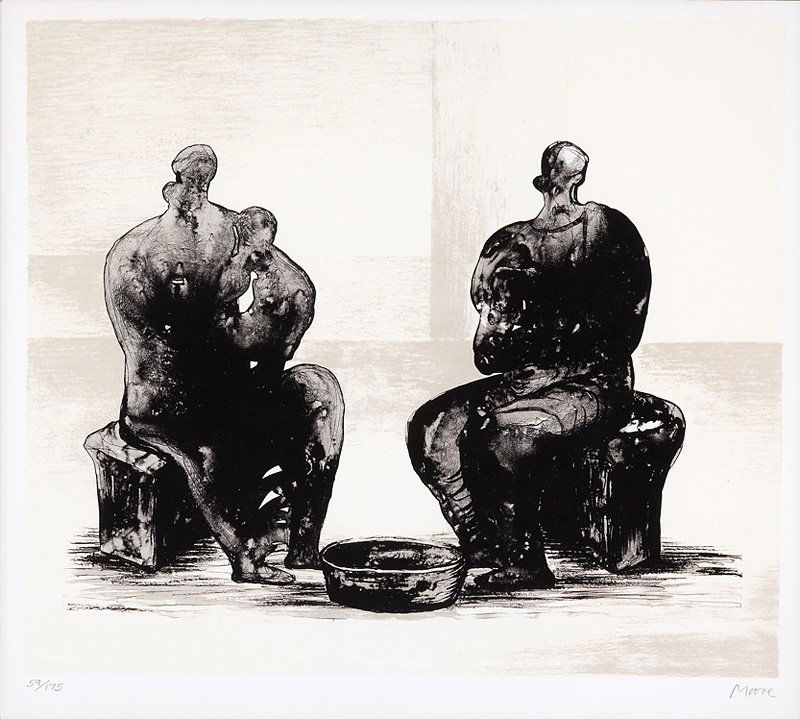 Henry Moore (British, 1898-1986): Henry Moore (British, 1898-1986), "Two Women Bathing Child II", 1973, color lithograph on wove paper, pencil-signed and numbered "59/175" lower margin, "Transworld Art" blind stamp en verso, 14 1/2 in