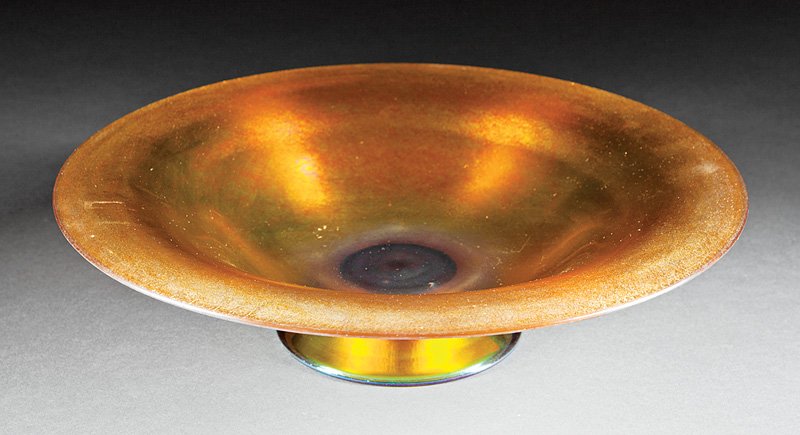 Steuben Aurene Glass Footed Console Bowl: Steuben Aurene Glass Footed Console Bowl, signed "F. Carder Steuben Aurene 2839", h. 3 1/2 in., dia. 14 1/2 in. Provenance: New Orleans Estate
