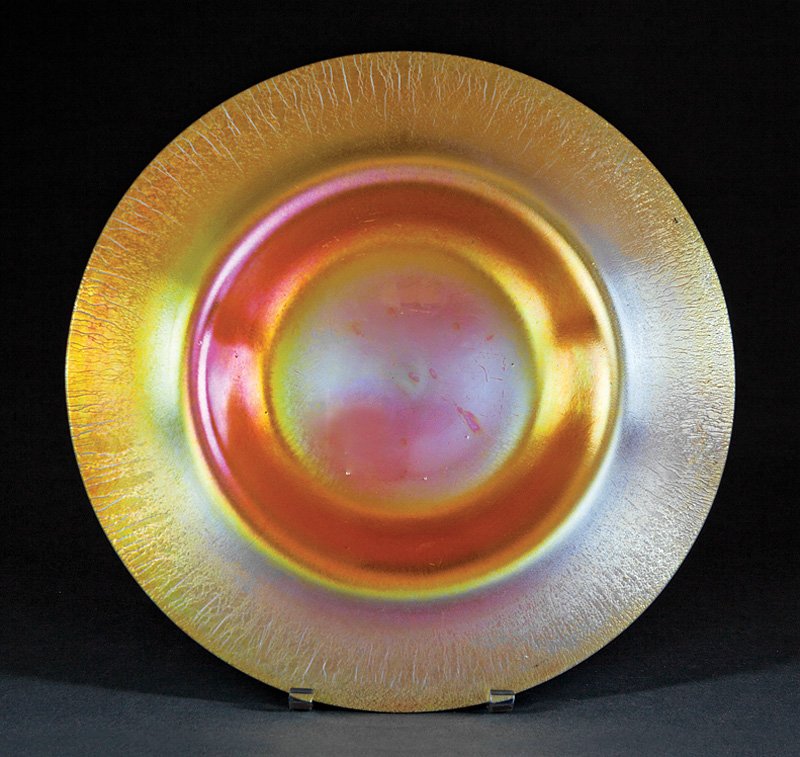 Steuben Aurene and Calcite Glass Console Bowl: Steuben Aurene and Calcite Glass Console Bowl, unmarked, downswept rim in onion skin finish, h. 1 1/2 in., dia. 14 3/4 in. Provenance: New Orleans Estate
