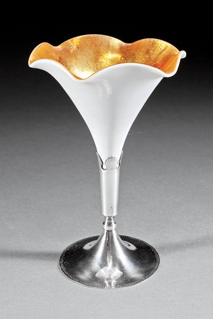 Steuben Silverplate-Mounted Aurene & Calcite Vase: Steuben Silverplate-Mounted Aurene and Calcite Glass Floriform Vase, signed "F. Carder Aurene", h. 7 1/2 in. Provenance: New Orleans Estate