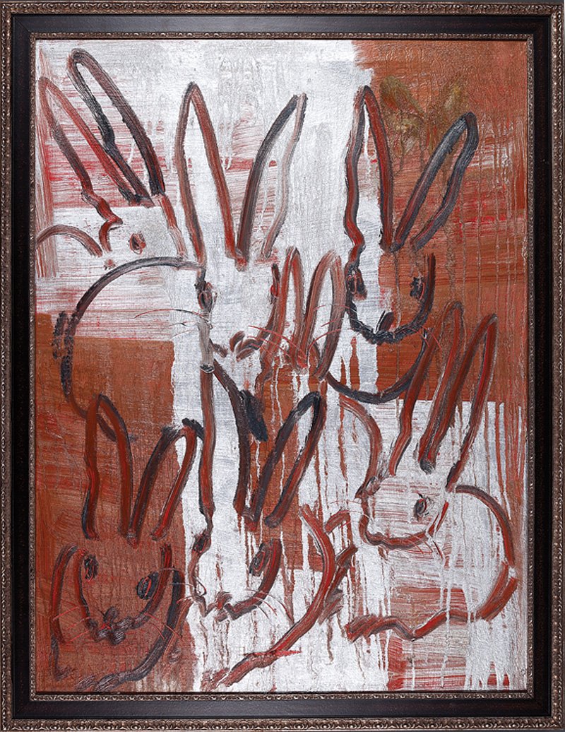 Hunt Slonem (American/Louisiana, b. 1951): Hunt Slonem (American/Louisiana, b. 1951), "Bunnies and Gold Butterfly", 2012, oil and metallic mixed media on canvas, signed and dated en verso, 39 1/2 in. x 29 3/4 in., framed