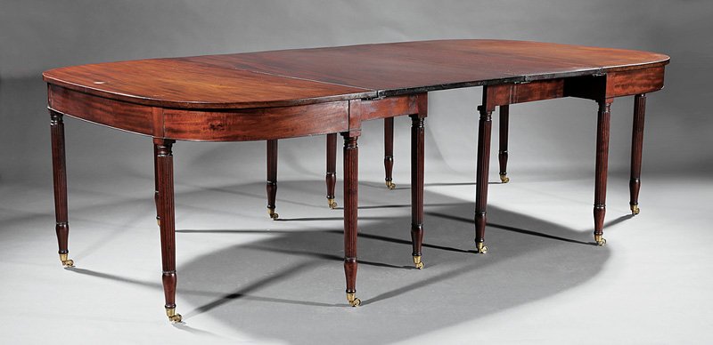 Carved Santo Domingo Mahogany Dining Table: American Federal Carved Santo Domingo Mahogany Dining Table, c. 1800, Philadelphia, workshop of Haines and Connelly, pair of D-ends, conforming frieze, reeded tapered legs, brass ferrules, casters, 3 