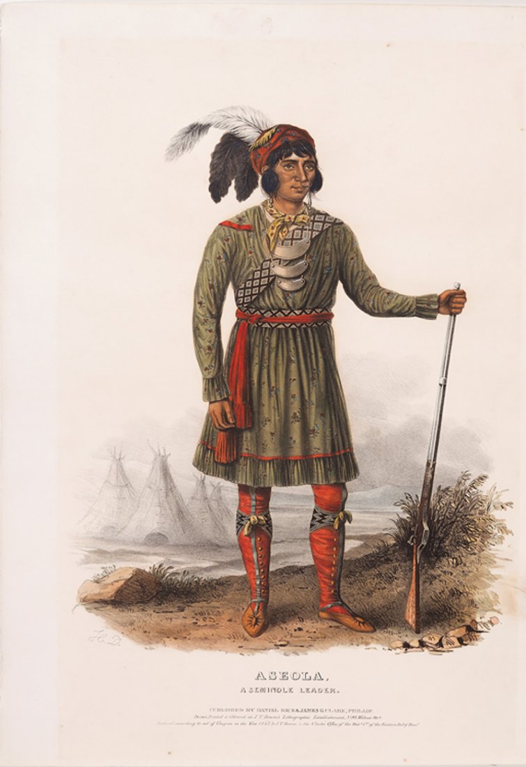 McKenney & Hall/Publishers: McKenney & Hall/Publishers, "Aseola, A Seminole Leader", hand-colored lithograph, from A History of the Indian Tribes of North America, 1837-1844, sheet 19 3/4 in. x 13 3/4 in., unframed