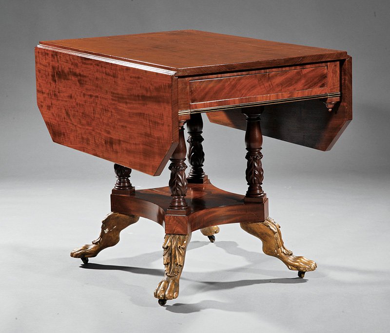 Carved, Inlaid Mahogany Table, prob. Phyfe: American Classical Carved and Inlaid Mahogany Table, early 19th c., New York, probably Duncan Phyfe, figured drop-leaf top, frieze with brass inlaid ebony banding, acanthus carved supports, incurvate