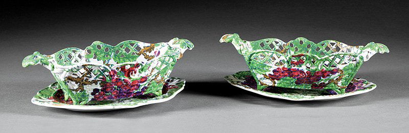 Pair of Spode Pearlware Chestnut Baskets on Stands: Pair of Pair of Spode Pearlware Chestnut Baskets on Stands, c. 1830, impressed mark, decorated with grapes and grape leaves in pattern 3214, basket h. 2 3/4 in., w. 10 1/2 in.. Provenance: Estates of