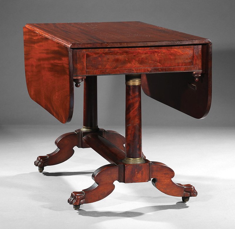 Bronze-Mounted Mahogany Sofa Table, attr. Phyfe: American Classical Bronze-Mounted Mahogany Sofa Table, early 19th c., attr. to Duncan Phyfe, New York, drop-leaf top, paired columnar supports, gilt bronze collars, medial stretcher, scrolled legs, pa