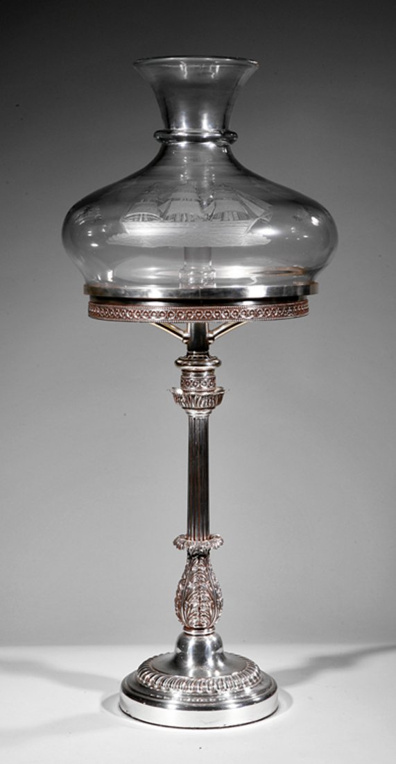 Sheffield Silverplate Sinumbra Lamp: Sheffield Silverplate Sinumbra Lamp, early-to-mid 19th c., probably English, guilloche burner ring and font, fluted columnar standard with anthemion, gadrooned foot, hand-blown etched glass shade depi