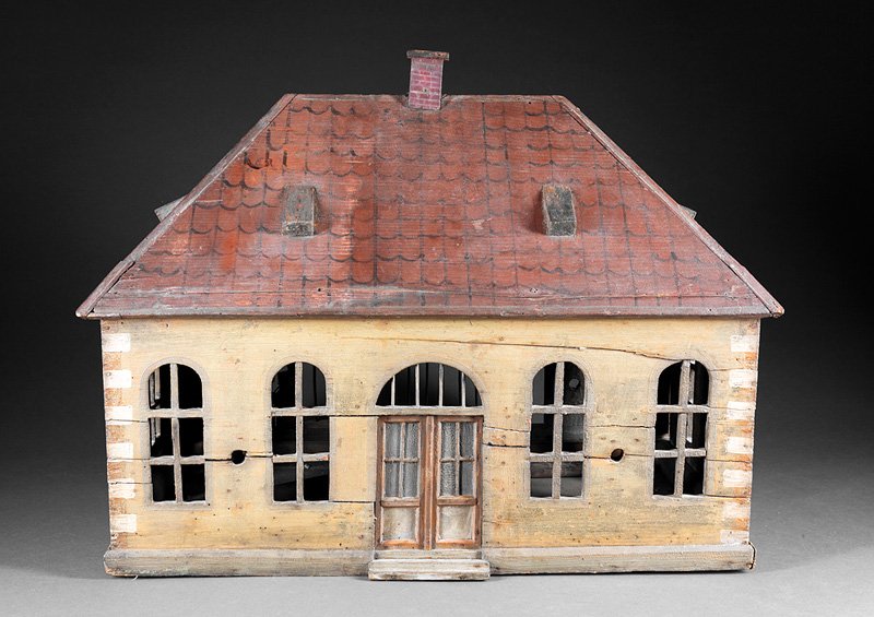 Painted Wood Birdhouse: Antique Painted Wood Birdhouse, late 19th c., in the form of a Georgian manor, arched windows and doors, back with wirework and hinged door, h. 24 in., w. 30 1/2 in. Provenance: Dearing Antiques, Atla