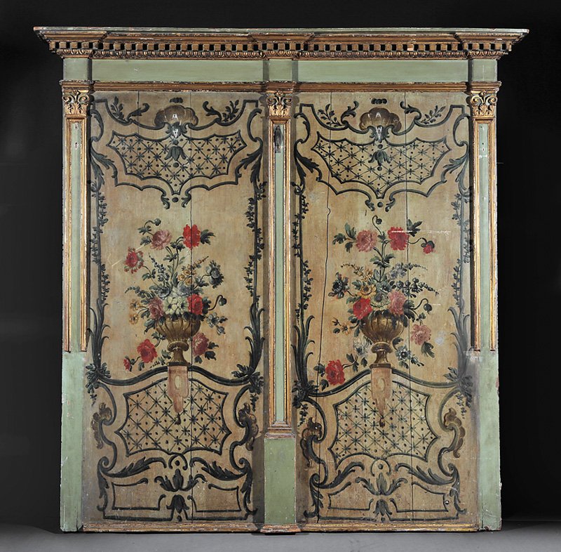 Louis XVI-Style Gilt and Painted Overmantel Panel: Louis XVI-Style Gilt and Painted Overmantel Panel, 19th c., dentilated cornice, polychrome flowers flanked by pilasters. Provenance: Acquired from Leda Decors, St. Ouen, France