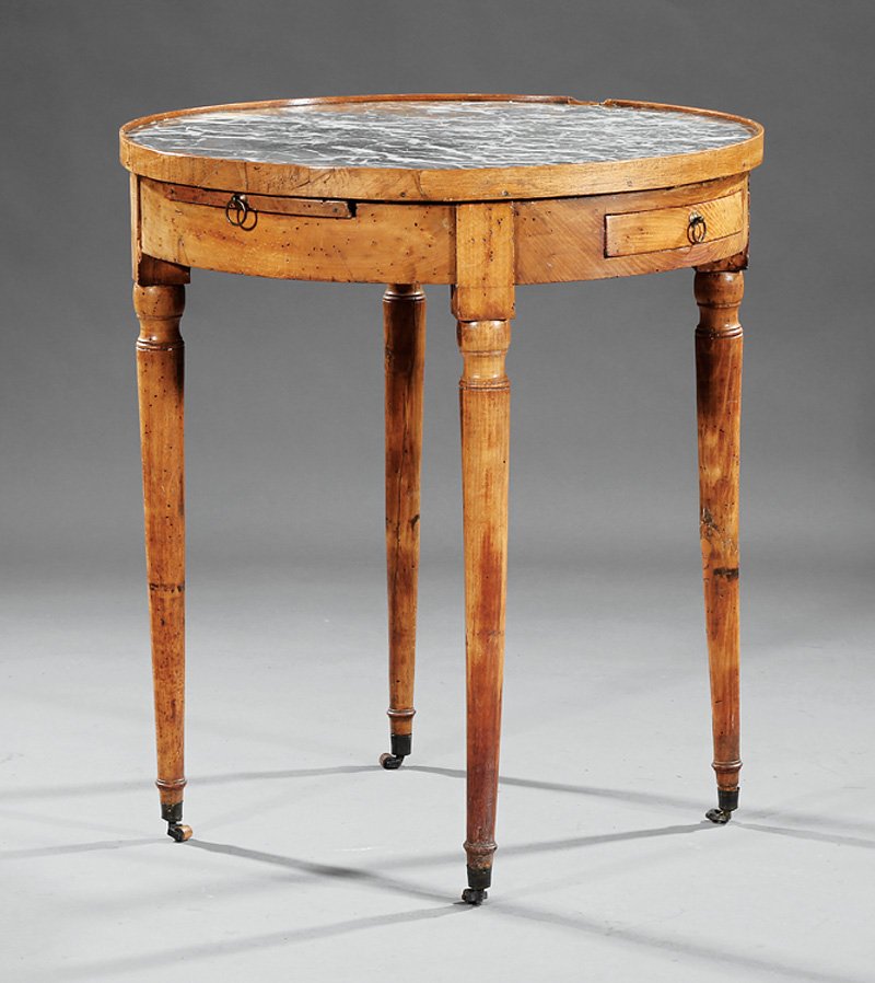 Directoire Fruitwood Bouillotte Table: Directoire Fruitwood Bouillotte Table, early 19th c., inset marble top, frieze with 2 candle slides and 2 drawers, turned tapered legs, brass ferrules, casters, h. 28 1/2 in., w. 25 in., d. 25 in. Pro