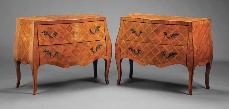Italian Parquetry Inlaid, Figured Walnut Commodes: Pair of Italian Parquetry Inlaid and Figured Walnut Commodes, each of serpentine bombe form, two graduated deep drawers, h. 29 in., w. 36 1/2 in., d. 17 in