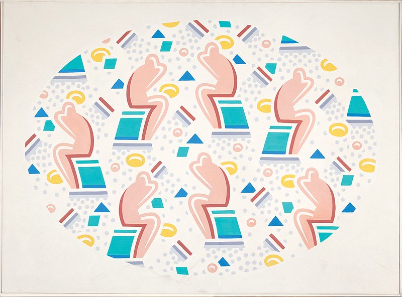 Robert Gordy (American/New Orleans, 1933-1986): Robert Gordy (American/New Orleans, 1933-1986), "Seven Figure Oval (2nd Version)", 1980, acrylic on canvas, signed, titled, dated and with "Arthur Roger Gallery, New Orleans" label en verso, 34 1/2 in
