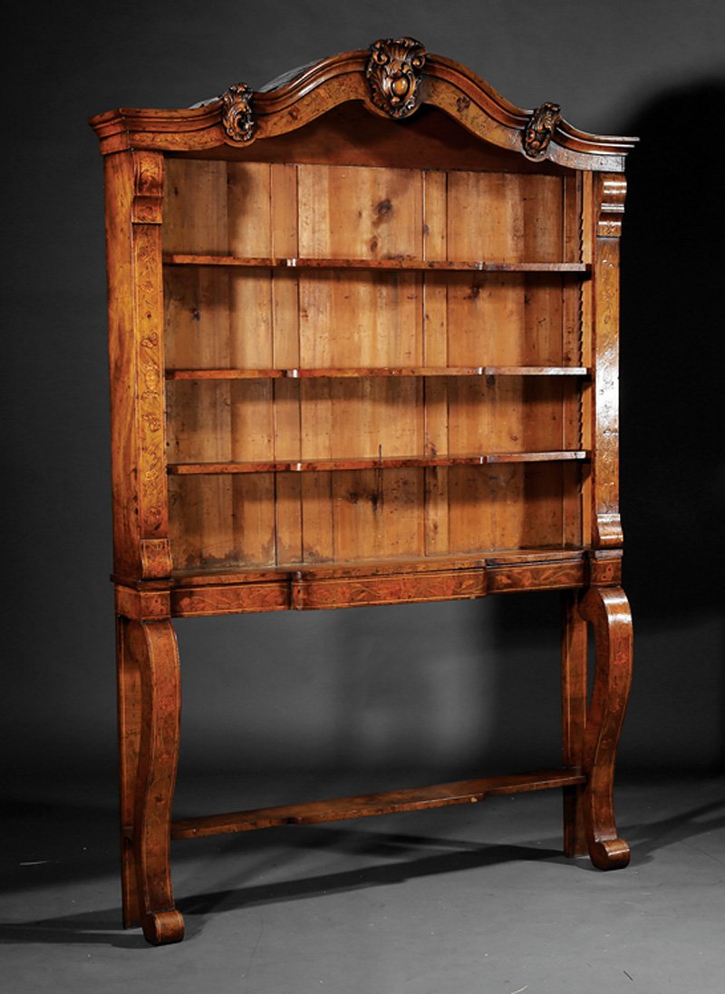 Marquetry and Burled Display Cabinet: Antique William and Mary-Style Marquetry and Burled Display Case, 19th c., arched serpentine cornice with cabochon cartouche and acanthus clusters, pilasters to each side, shaped adjustable shelves, b