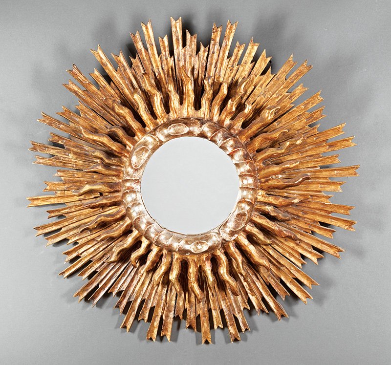 Italian Gilt and Argente Sunburst Mirror: Decorative Italian Gilt and Argente Sunburst Mirror, circular mirror plate, molded rabbet, h. 31 in., w. 31 in
