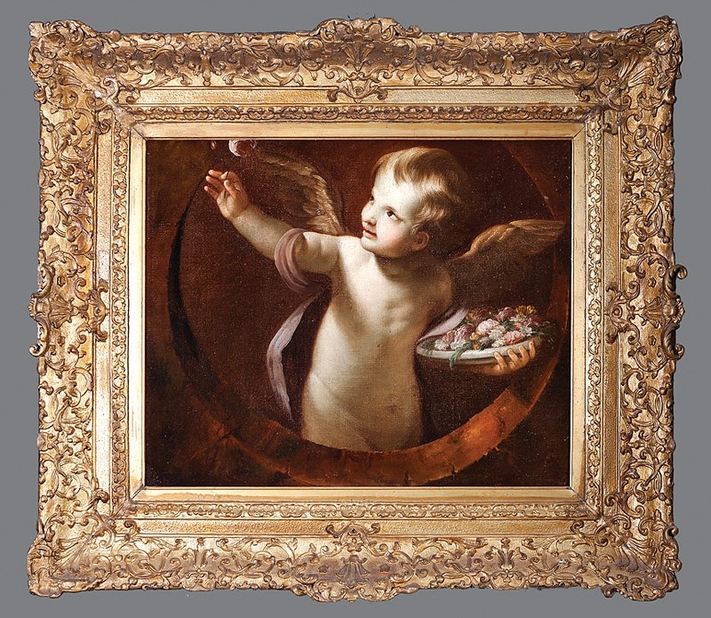 Studio of Guido Reni (Italian, 1575-1645): Studio of Guido Reni (Italian, 1575-1645), "Overdoor with an Angel Distributing Flowers, Seen through an Oculus", mid-17th c., oil on canvas, unsigned, 24 in. x 27 1/2 in., antique frame. Provenance: 