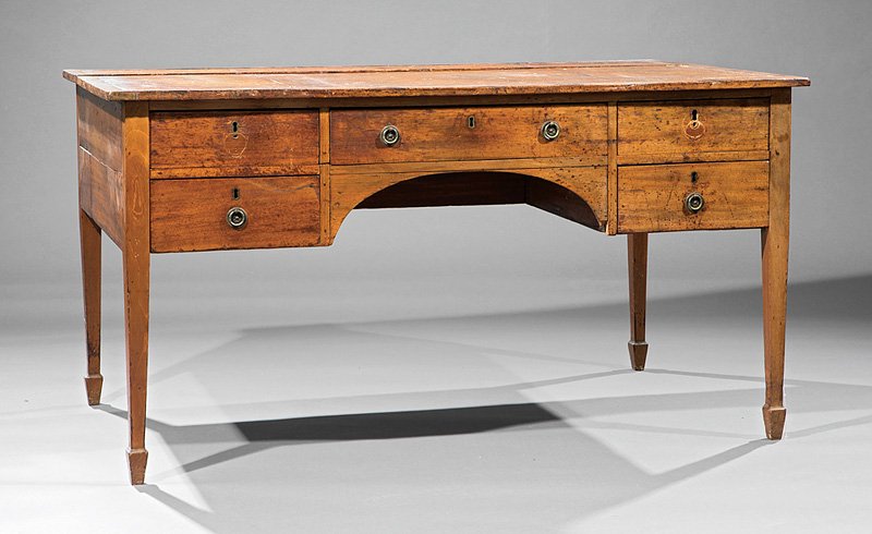 Mahogany and Tooled Leather "Admiralty" Desk: Late George III Mahogany and Tooled Leather "Admiralty" Desk, late 18th/early 19th c., inset tooled leather top, hinged section opening to compartments, kneehole configuration of drawers, 2 blind end 