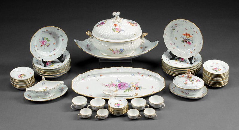Meissen Porcelain Partial Dinner Service: Extensive Meissen Porcelain Partial Dinner Service, marked, comprising covered tureen and tray, fish platter, meat platter, small covered tureen and underplate, saucier; dinner plates, luncheon plates