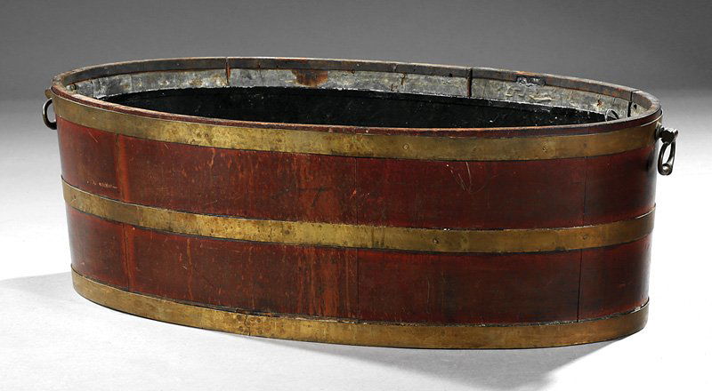 Georgian Brass-Bound Mahogany Wine Cistern: Georgian Brass-Bound Mahogany Wine Cistern, late 18th/early 19th c., drop ring handles, conforming zinc liner, h. 12 1/2 in., w. 37 in., d. 19 in