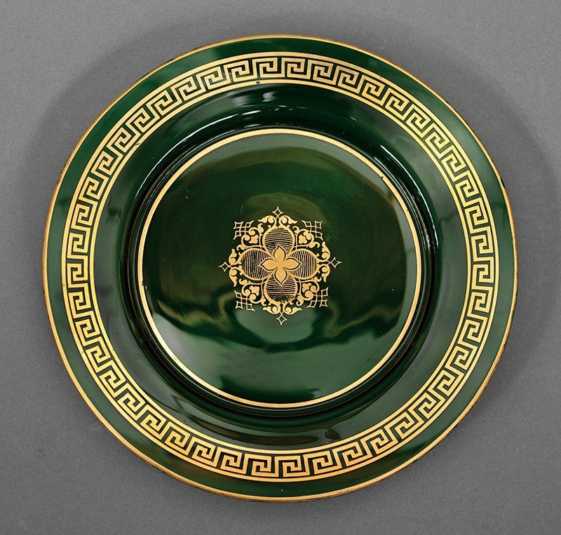 Green Glass Dessert Plates poss. Isaac Jacobs: Six Bristol Green Glass Dessert Plates, 19th c., possibly Isaac Jacobs, with gilt rosette and Greek-key border, dia. 8 1/8 in. Provenance: Estates of William and Sarah McGehee, Dr. Dubs House, Natchez