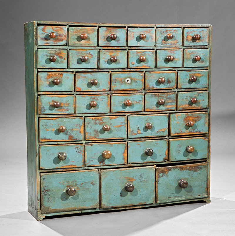 English or Welsh Painted Pine Seed Chest: Antique English or Welsh Painted Pine Seed Chest, 19th c., various size short drawers, turned wood knobs, h. 41 in., w. 40 in., d. 19 1/2 in