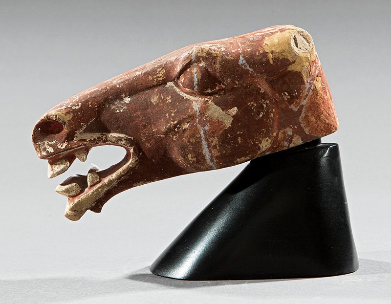 Chinese Pottery Horse Head: Chinese Pottery Horse Head, probably Han Dynasty (206 BCE-220 CE), modeled with flared nostrils and open mouth, h. 3 1/8 in., l. 7 1/2 in., wood stand, overall h. 6 1/8 in.; Daybreak Thermoluminescenc