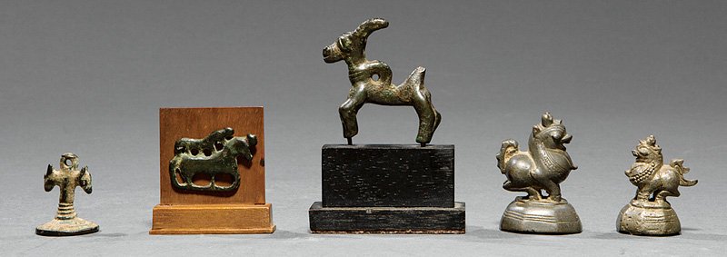 Mongolian and Iranian Luristan-Style Bronzes: Mongolian and Iranian Luristan-Style Bronzes, probably early, incl. Ordos belt plaque, l. 1 1/2 in., wood stand, overall h. 2 in., w. 2 in.; ibex amulet, h. 2 1/8 in., wood stand, overall h. 3 1/8 in.