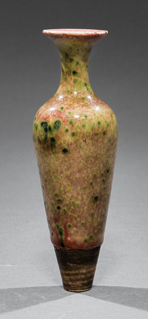 Chinese Peachbloom Glazed Porcelain Amphora Vase: Chinese Peachbloom Glazed Porcelain Amphora Vase, probably 19th c., overall green spotted mushroom pink glaze, base with Kangxi mark, h. 5 3/4 in. Provenance: New Orleans Estate