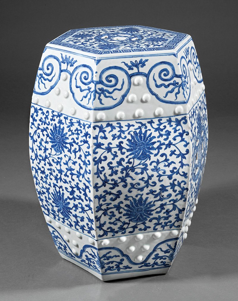 Chinese Blue and White Porcelain Garden Seat: Chinese Blue and White Porcelain Garden Seat, bulging hexagonal body with pierced cash symbols and raised bosses on a ruyi and vining floral ground, h. 19 1/4 in. Provenance: New Orleans Estate