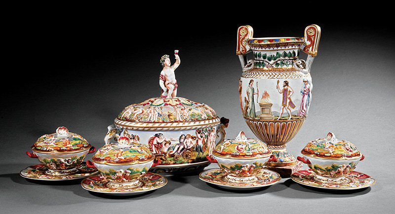 Assembled Capodimonte-Style Soup Service: Assembled Capodimonte-Style Porcelain Soup Service, 20th c., crown over Neapolitan N marks, some marked "Palazzo Reale" and "Roi de Rome", incl. covered tureen, h. 12 in., w. 12 1/2 in.; 10 covered bo