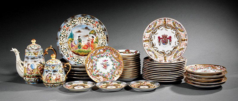 Capodimonte-Style Porcelain Circular Dishes: Five Sets of Capodimonte-Style Porcelain Circular Dishes, 20th c., crown over Neapolitan N marks, some marked "La Città di Napoli alla Case Reale" and "Fatta a Capo di Monte", comprising sets of 6, 1