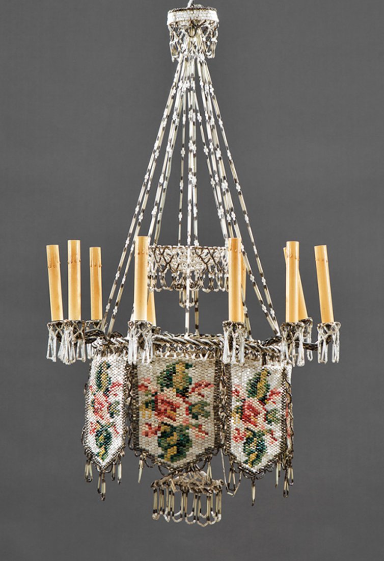 American Arts and Crafts Beadwork Chandelier: Antique American Arts and Crafts Beadwork Ten-Light Chandelier, elaborate bowl hung with floral banners centering tiered dishes, S shaped arms, h. 41 in., w. 23 in