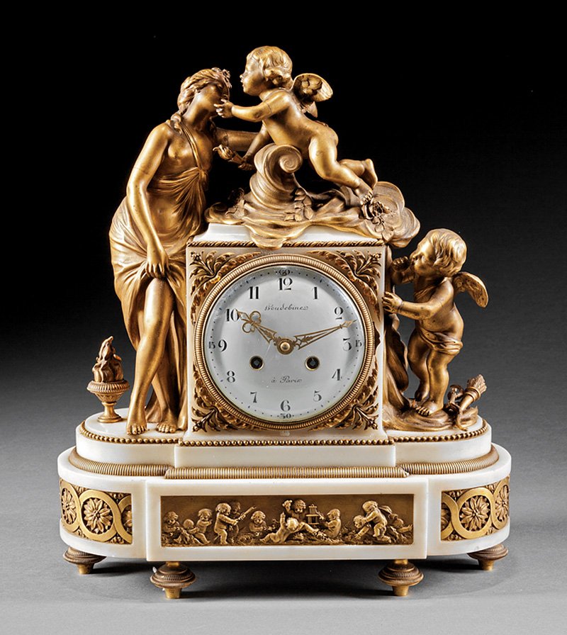 Louis XVI-Style Gilt Bronze and Marble Mantel Clo: Louis XVI-Style Gilt Bronze and Marble Mantel Clock, late 19th c., dial marked "Boudebine à Paris", clock flanked by bronze figures of Venus, Cupid and a winged putto, plinth with guilloche centering