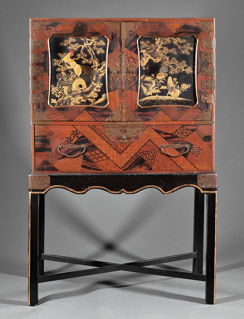 Japanes Maki-e Lacquer Hardwood Cabinet-on-Stand: Japanese Brass-Mounted, Maki-e Lacquer Inset Mixed Woods Inlaid Hardwood Cabinet-on-Stand, Meiji Period (1868-1912), rectangular upper case with 2 doors opening to Maki-e interior with 6 drawers, over
