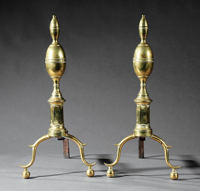 Pair of American Federal Brass Andirons: Pair of American Federal Brass Andirons, late 18th/early 19th c., New York, double lemon top standards, arched spurred legs, ball feet, h. 20 in., w. 9 1/2 in., d. 19 in. Provenance: Estates of Willia