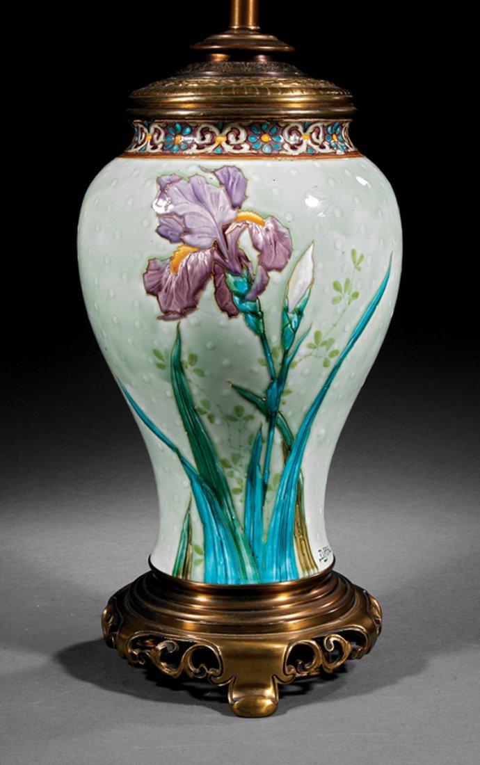 Félix Optat Milet Barbotine Majolica Vase: Félix Optat Milet Barbotine Majolica Vase, c. 1900, Émile Diffloth, glazed with polychrome iris decoration, h. 12 in., mounted as a lamp, overall h. 33 in