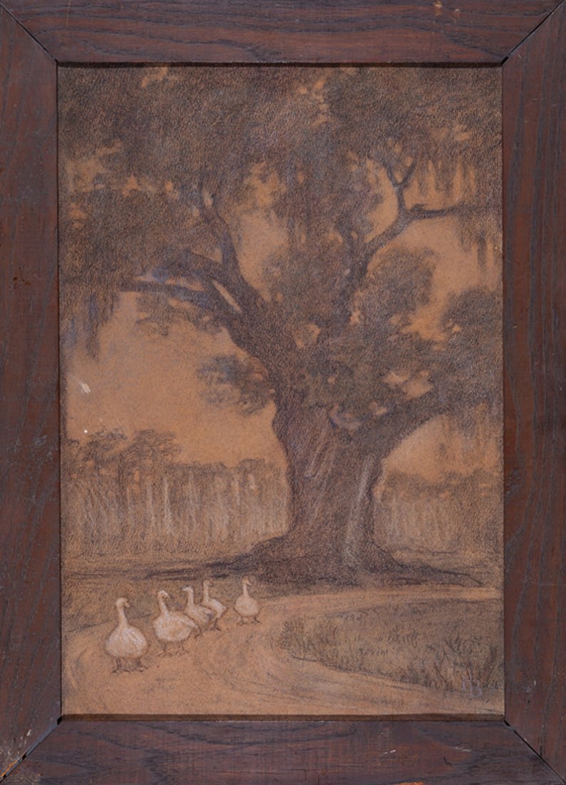 Henrietta Davidson Bailey (American/New Orleans): Henrietta Davidson Bailey (American/New Orleans, 1874-1950, act. Newcomb College, 1901-1938), "Ducks and Live Oak Tree", charcoal and pastel on paper, initialed "HB" lower right, 17 1/2 in. x 11 7/8 i